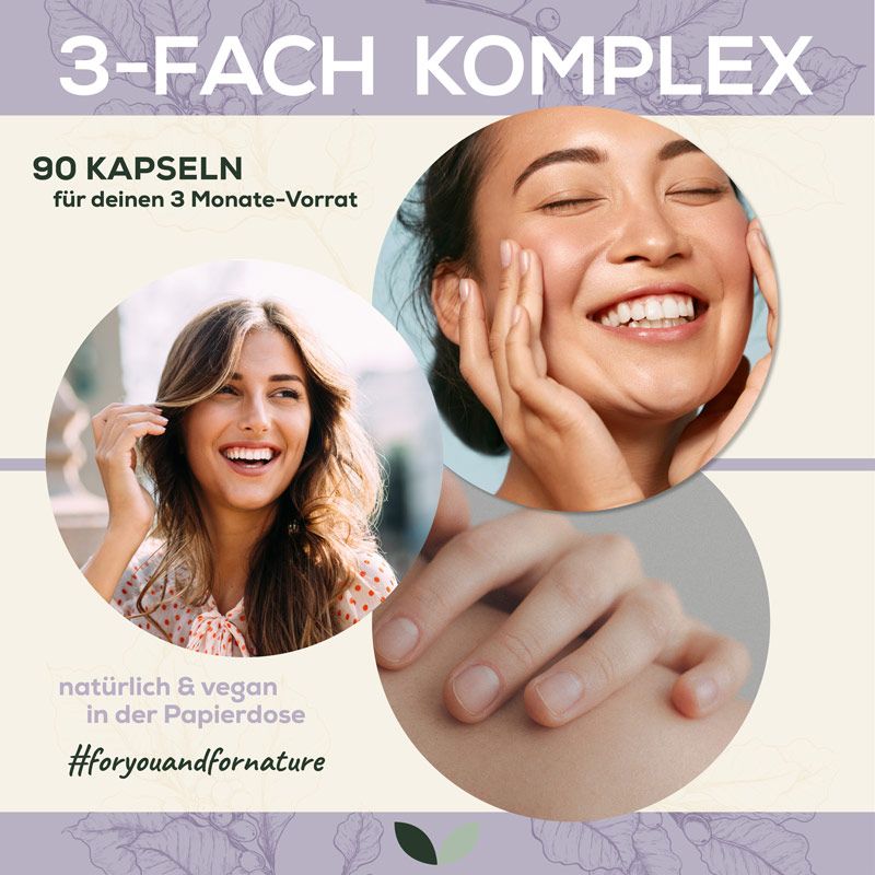 Infografik: Sanutrition Haut, Haare & Nägel. 90 Kapseln für 3 Monate. Bilder von lächelnden Frauen und einer Hand. Natürlich & vegan in der Papierdose.