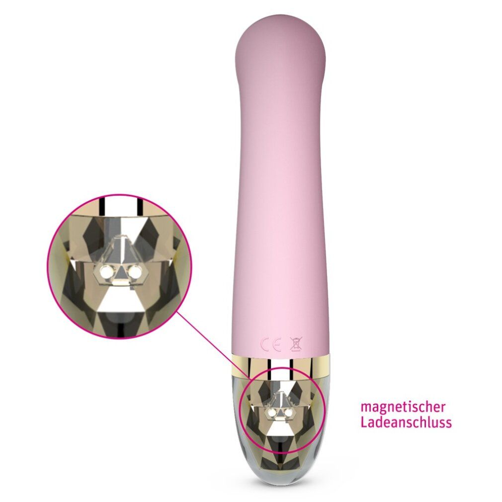 Rosa Vibrator mit goldfarbenem Akzent und Kristall-Optik. Magnetischer Ladeanschluss.