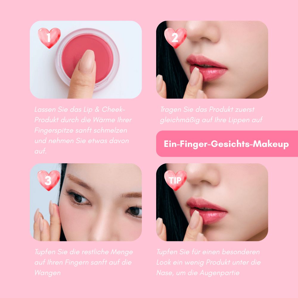 Anleitung zur Anwendung des titto Lip & Cheek Dual Pot. Schritt-für-Schritt-Anleitung mit Bildern.