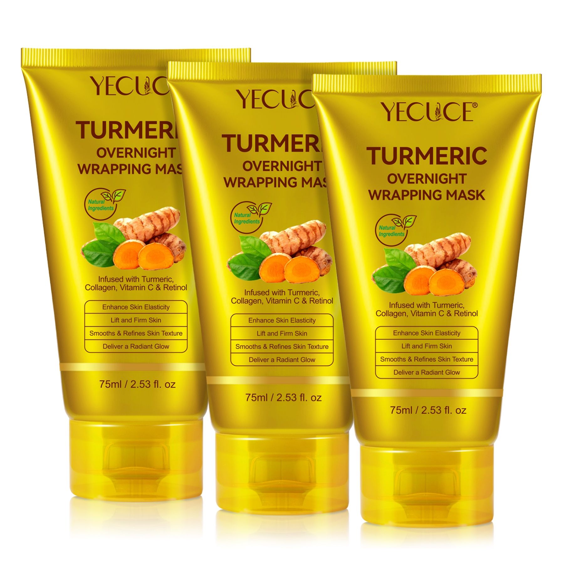 Drei goldene Tuben mit gelbem Deckel. Auf jeder steht "TURMERIC OVERNIGHT WRAPPING MASK".
