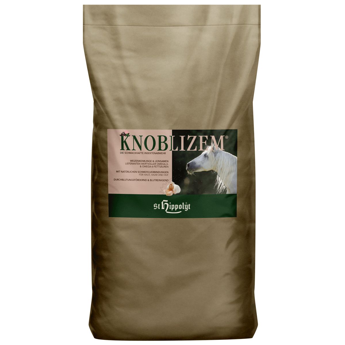 Beige Tasche mit Etikett. Aufschrift 'Knoblizem' und 'St. Hippolyt'. Abbildung eines Pferdes und Knoblauch.