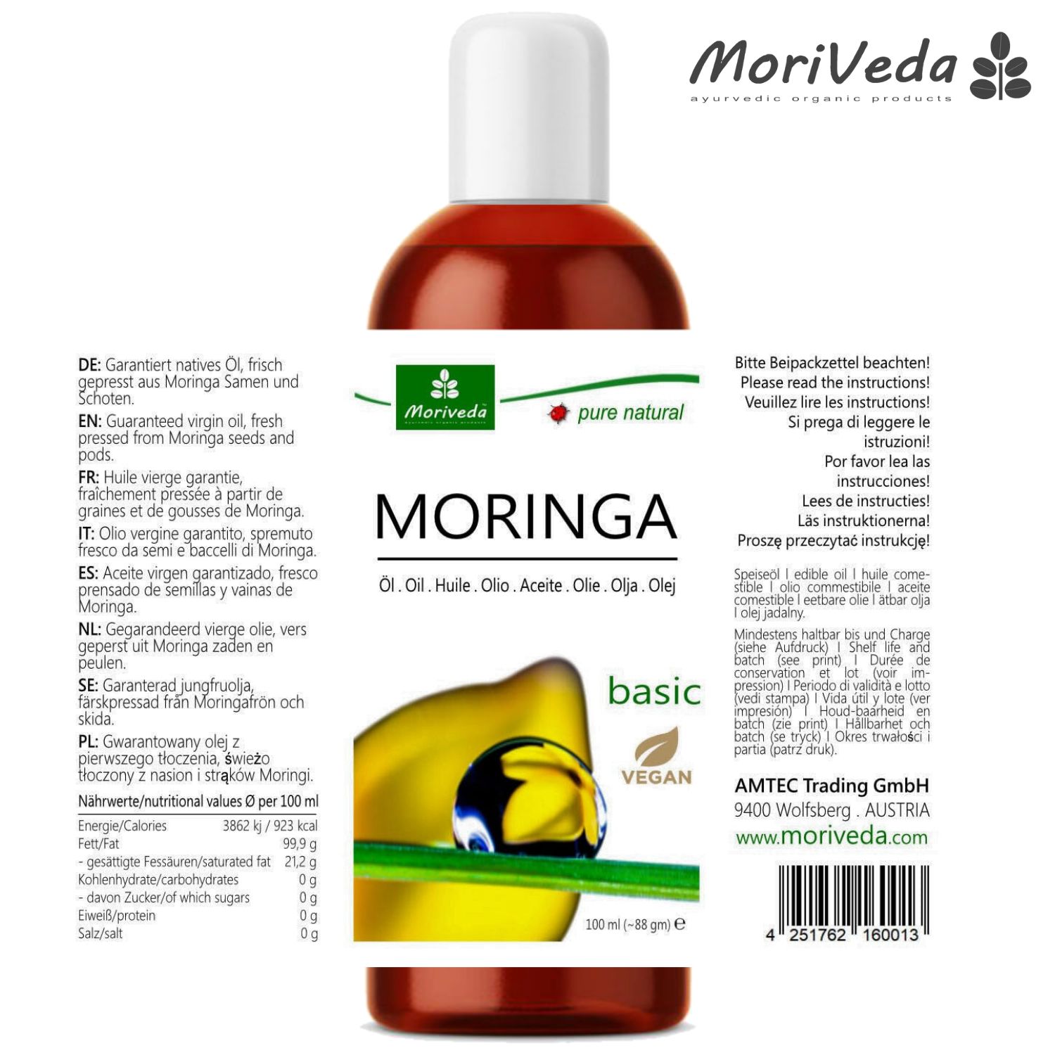 Moriveda Moringa Öl Basic – Kaltpressung aus Oleifera Samen & Schoten, naturrein