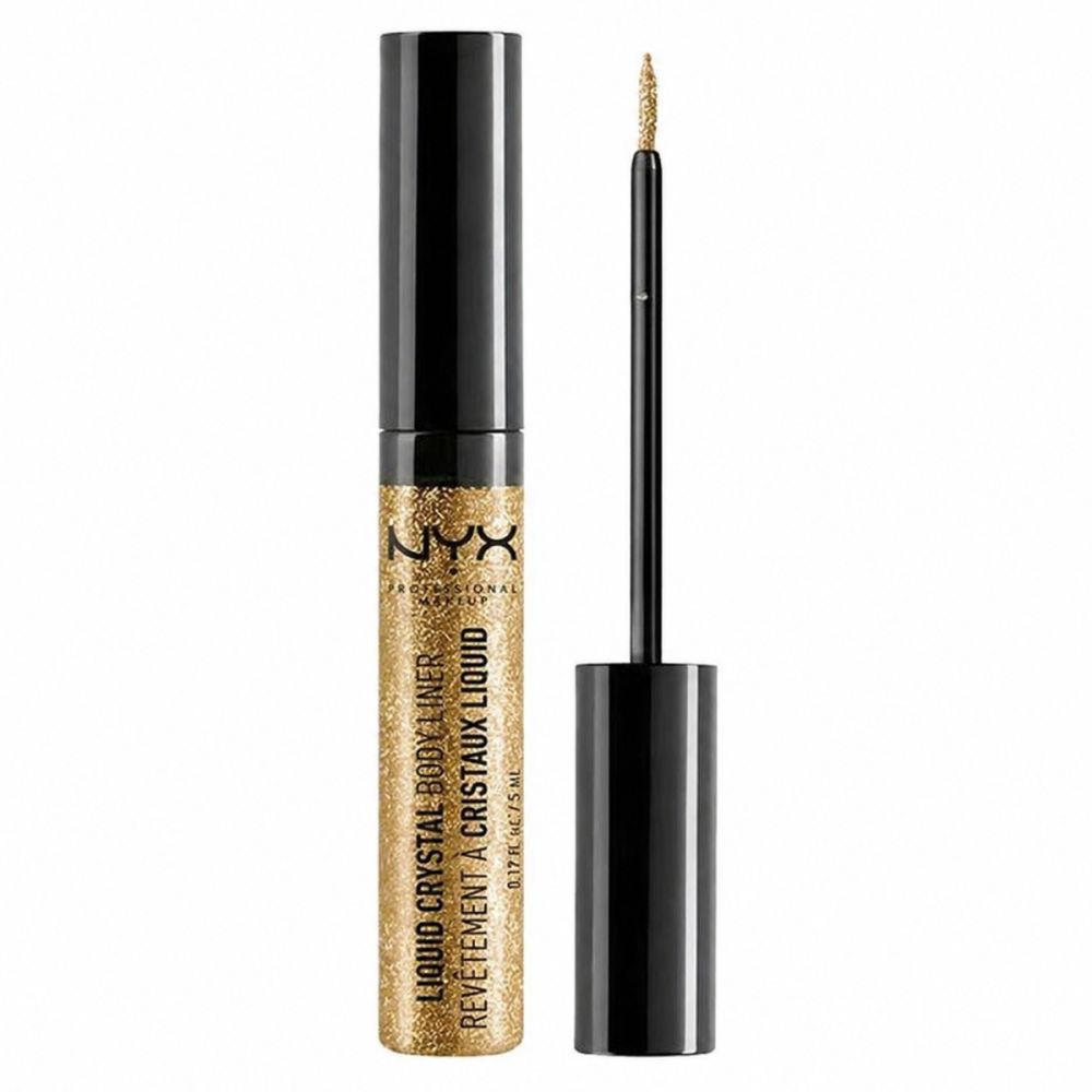 Nyx Flüssiger Kristall-Glitzer-Körperliner in Gold. Geöffneter Liner mit Applikator und leerem Behälter.