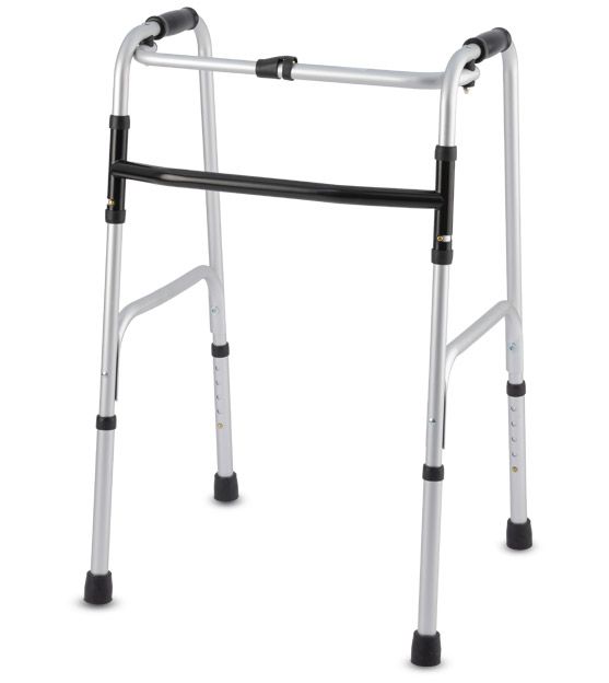 Gehgestell aus Aluminium mit schwarzen Griffen und einer zusätzlichen schwarzen Stange zur Verstärkung.