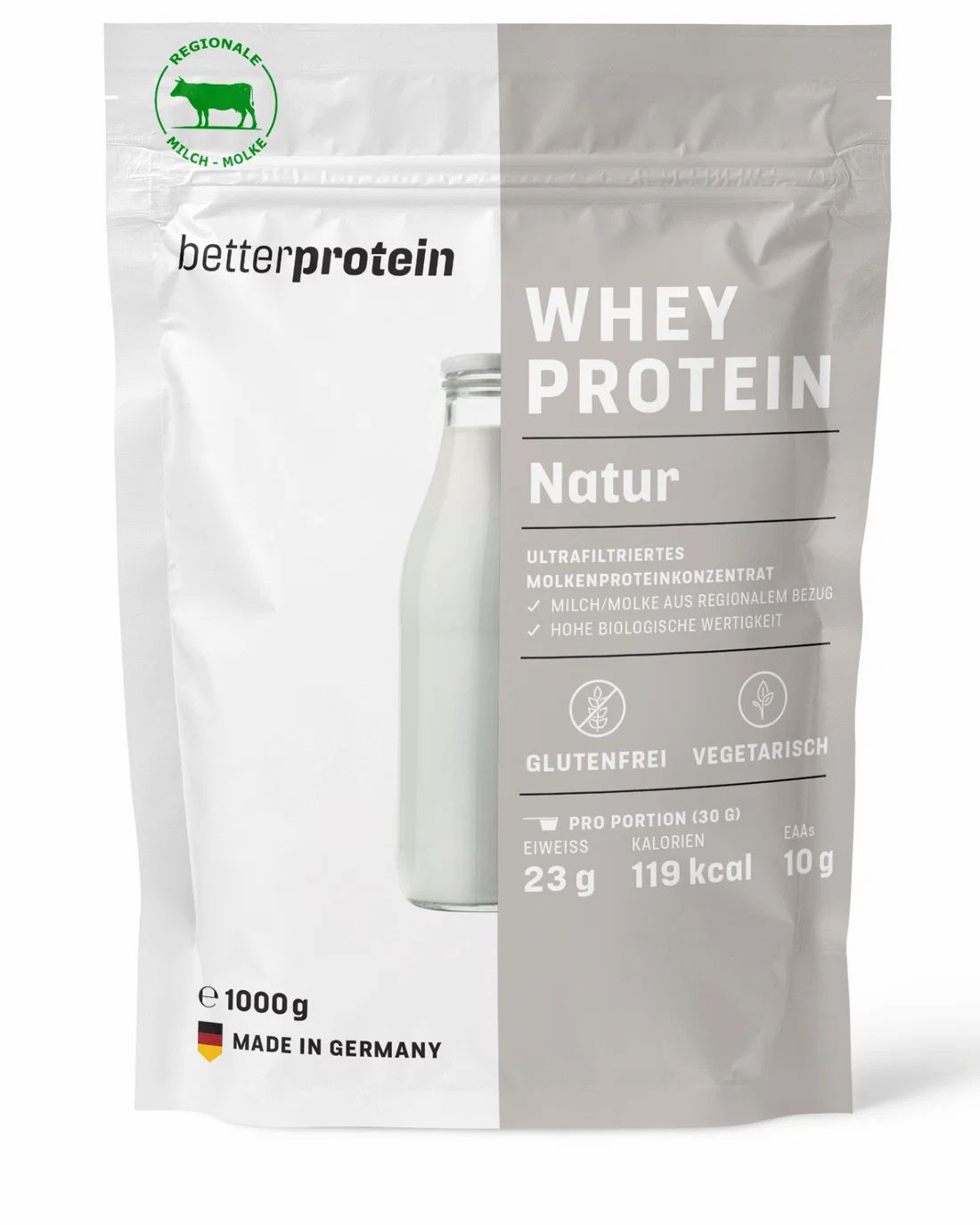 Betterprotein Whey Protein Natur Nährwerttabelle mit 30g Portion.
