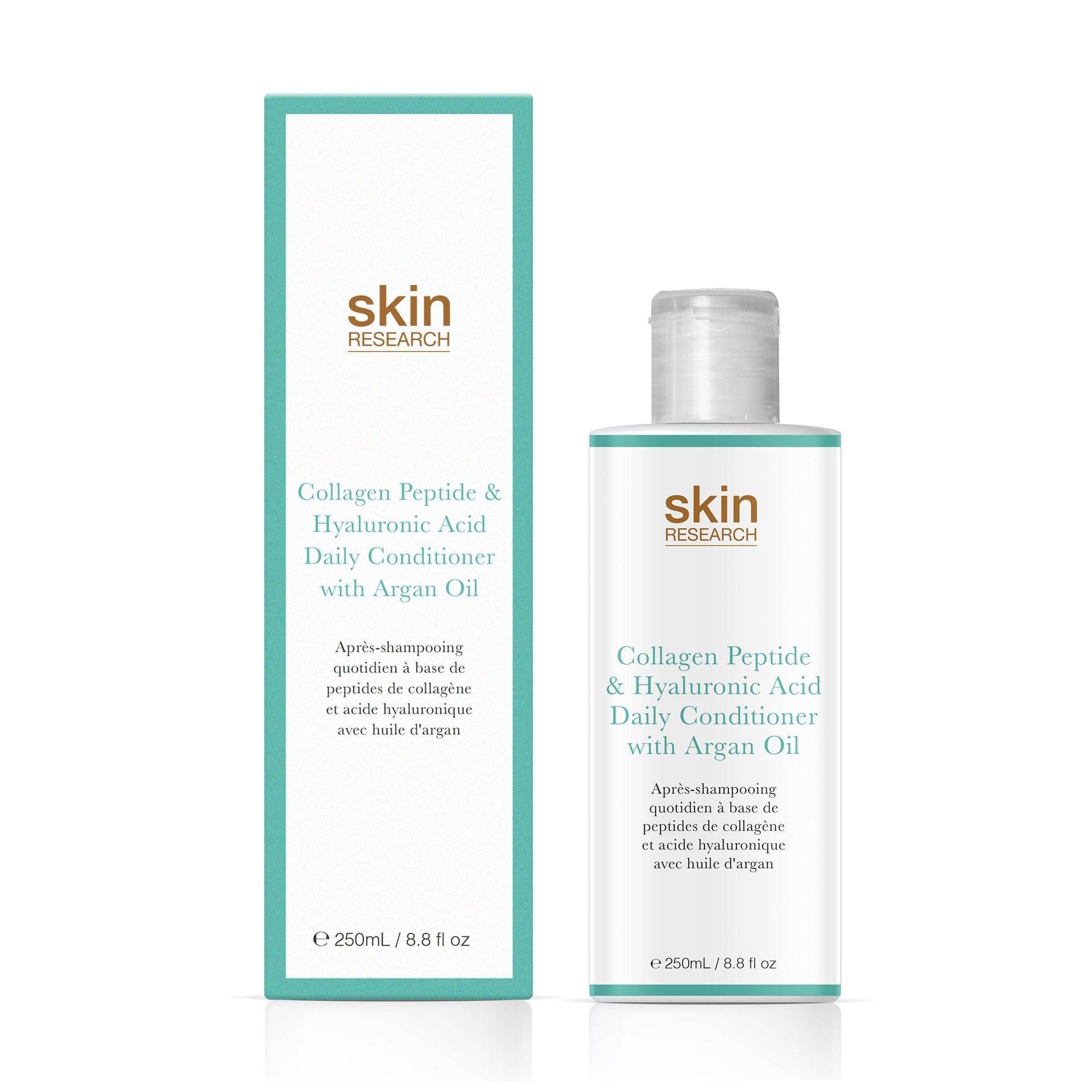 Produktflasche und Verpackung. Aufschrift: Skin Research, Collagen Peptide & Hyaluronic Acid Daily Conditioner with Argan Oil. Grüne Verpackung.