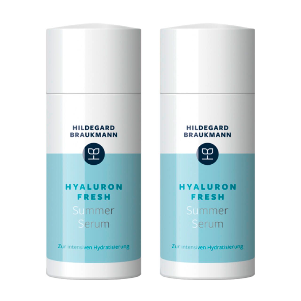 Zwei Flaschen Hyaluron Fresh Summer Serum. Weiß-blaue Verpackung mit Produktnamen und Logo.