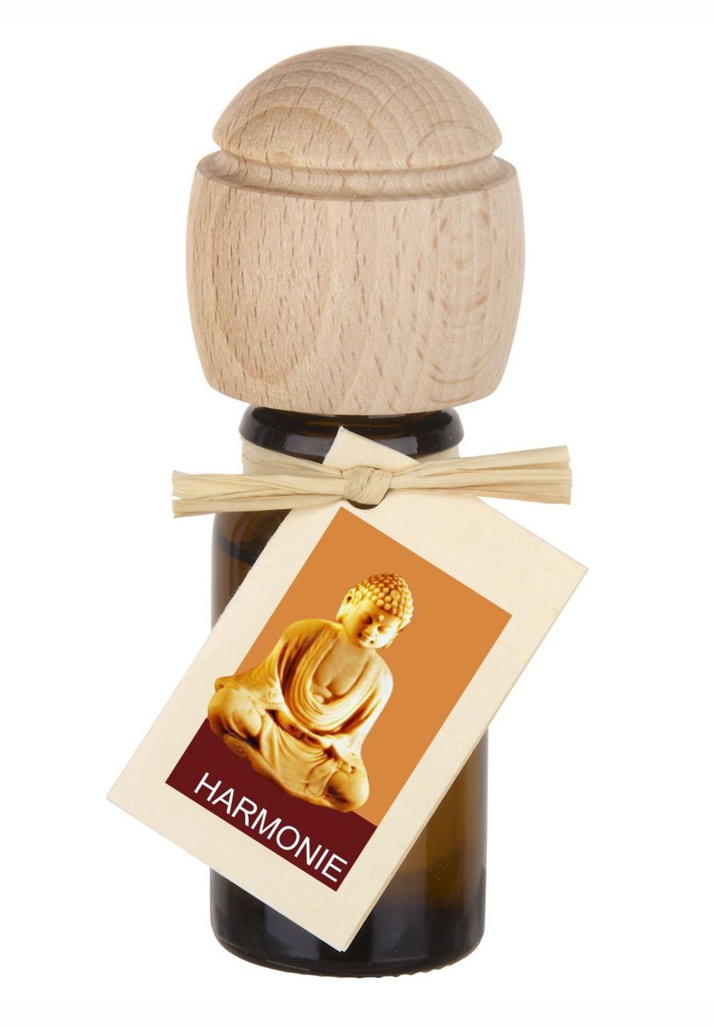 Braune Glasflasche mit Holzverschluss und Anhänger. Anhänger zeigt Buddha-Figur und Schriftzug Harmonie.