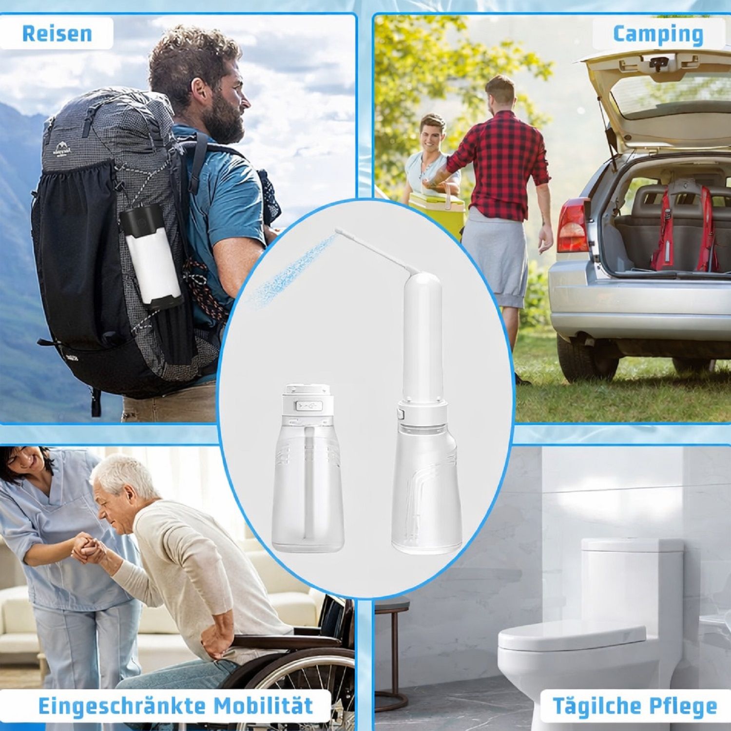 Weißes, tragbares Bidet in verschiedenen Kontexten: Reisen, Camping, eingeschränkte Mobilität, tägliche Pflege.