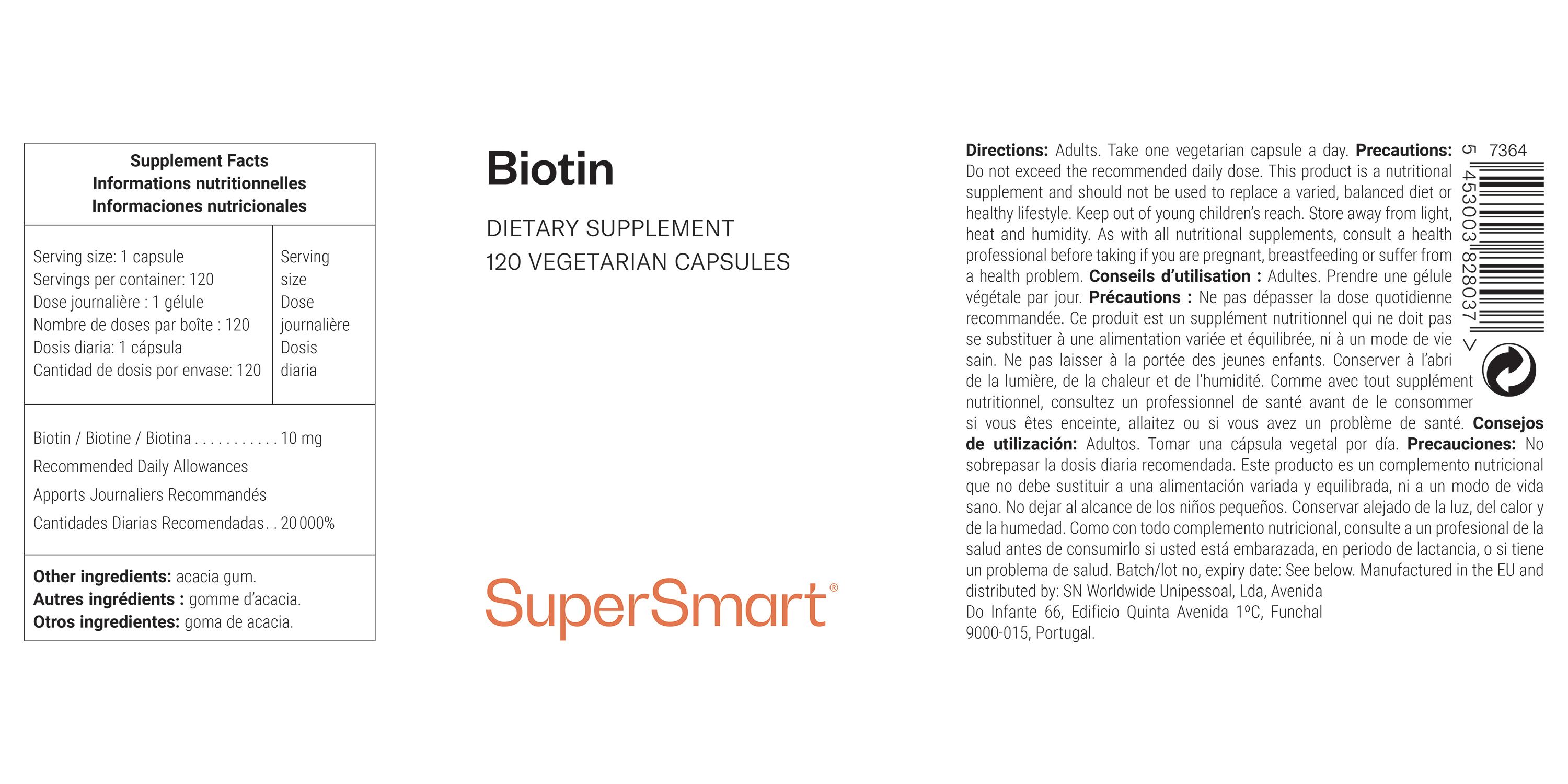 Etikett für Biotin-Nahrungsergänzungsmittel. Text: "Biotin", "SuperSmart", "120 vegetarische Kapseln". Nährwertangaben.