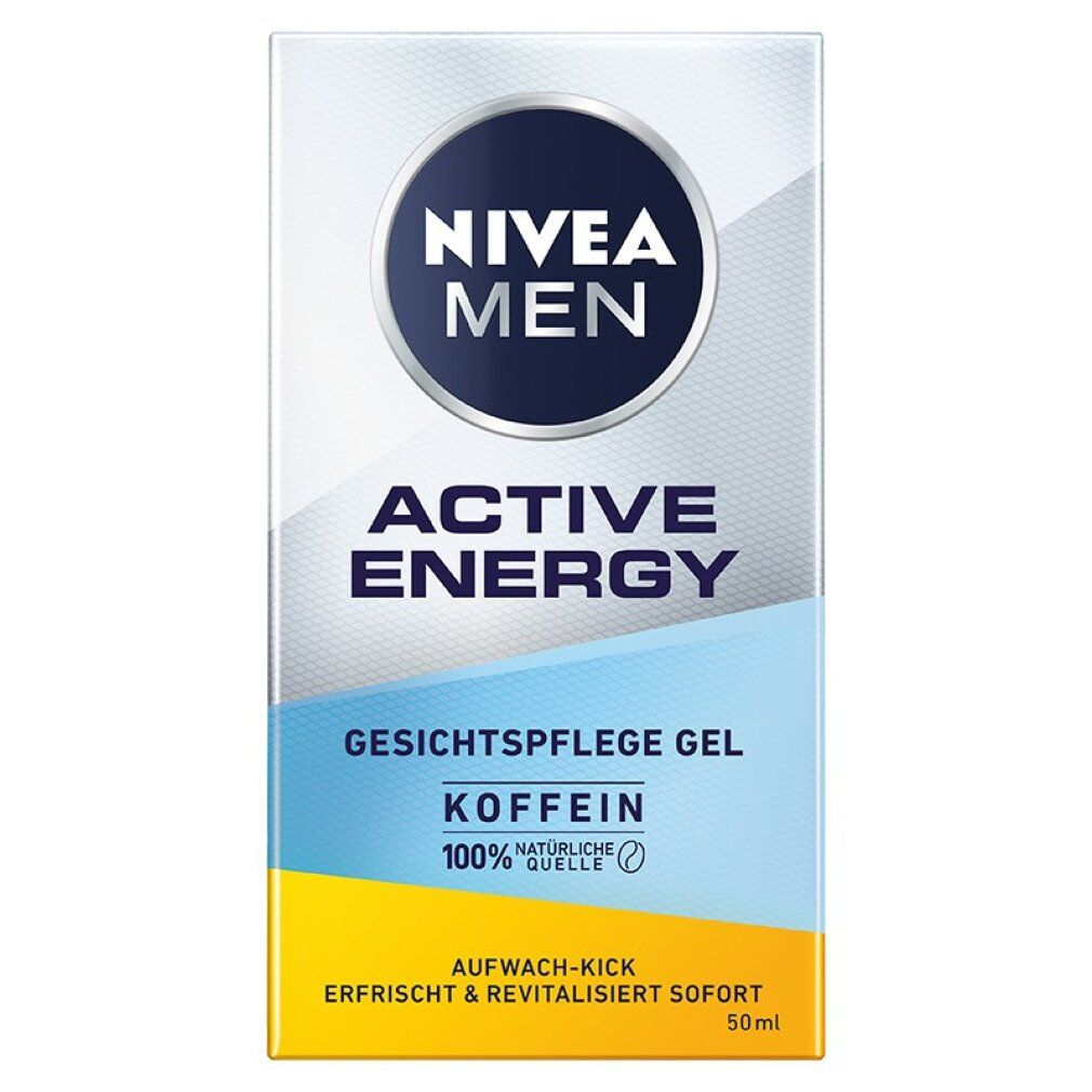 Verpackung mit Nivea Men Active Energy Gesichtscreme-Gel. Text: Active Energy, Koffein, 100% natürliche Quelle. Aufwach-Kick, erfrischt & revitalisiert sofort.