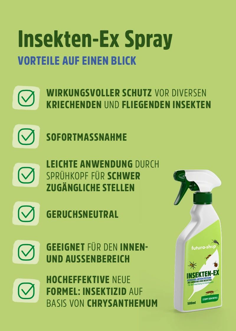 Infografik mit grünen Kästchen und Text. Zeigt Vorteile des Produkts: Schutz, Sofortmaßnahme, Sprühkopf, geruchsneutral.