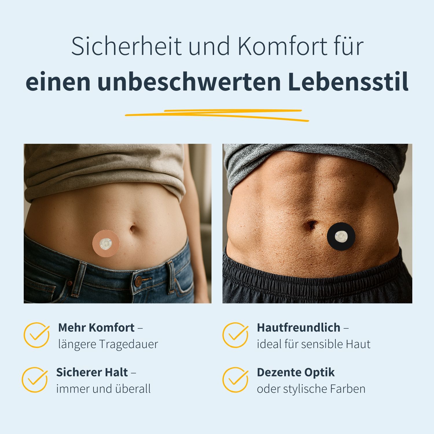 Zwei Personen mit Katheter-Ringpatches auf dem Bauch. Text: Mehr Komfort, sicherer Halt, hautfreundlich, dezente Optik.