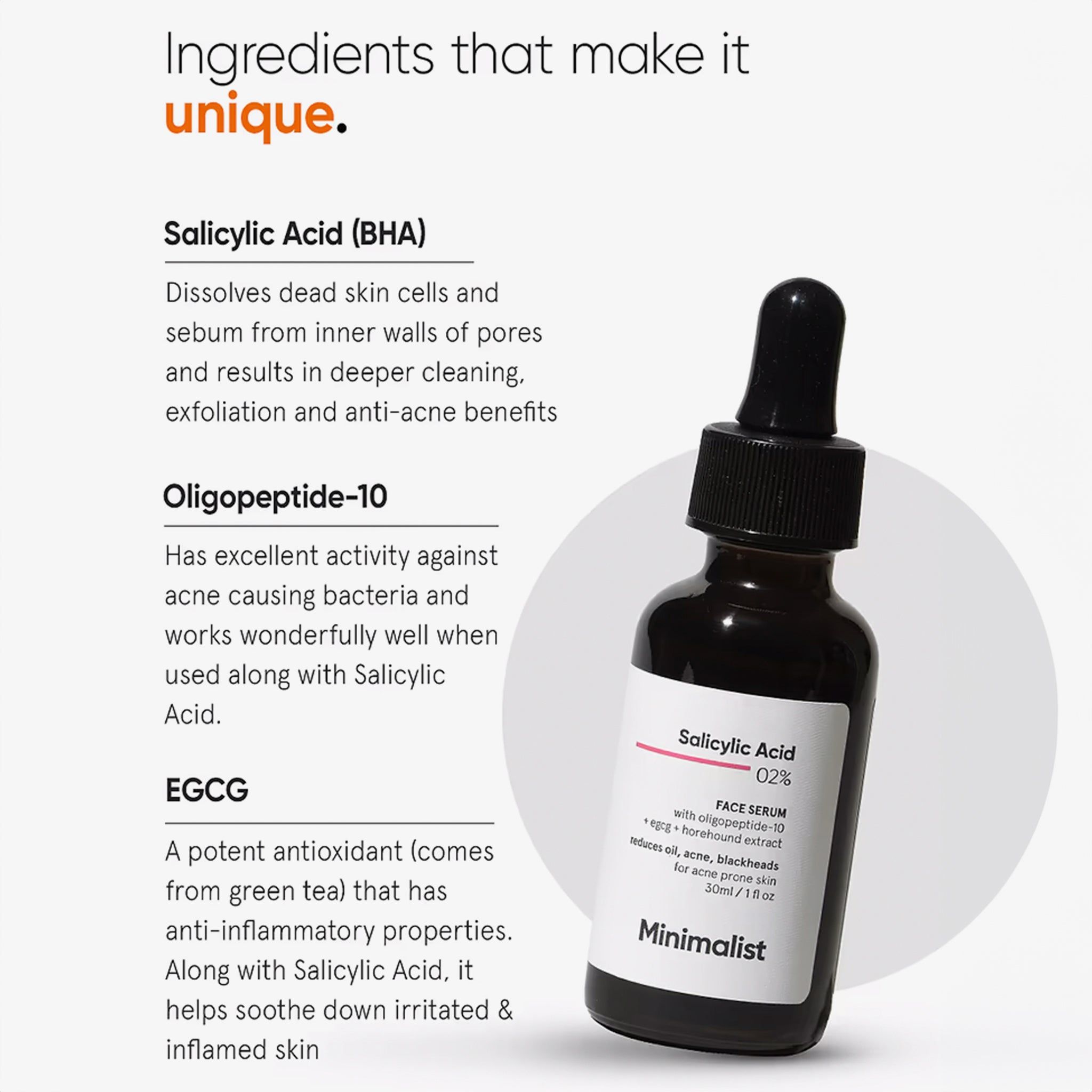 Flacon de produit avec texte sur les ingrédients. "Salicylic Acid 02%" et "Minimalist" visibles.