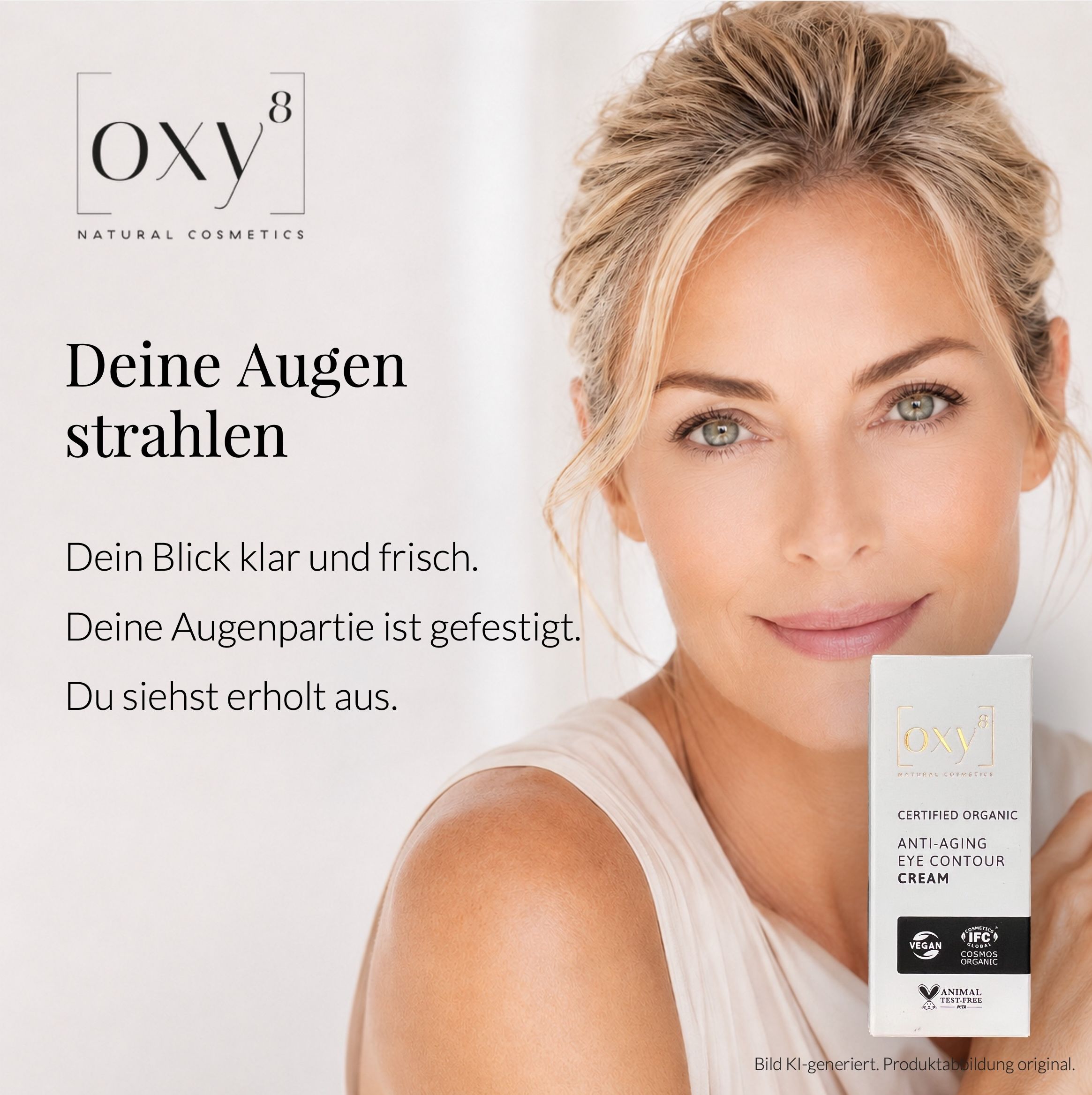 Oxy8 Anti-Aging Eye Contour Cream in weißer Verpackung mit Siegeln.