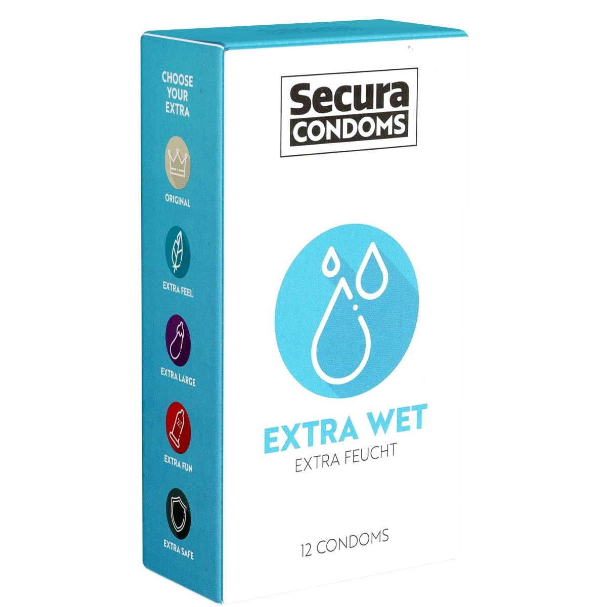 Confezione di Secura Condoms Extra Wet. Bianca, blu e nera. Contiene 12 preservativi. Testo: Extra Wet, Extra Feucht.