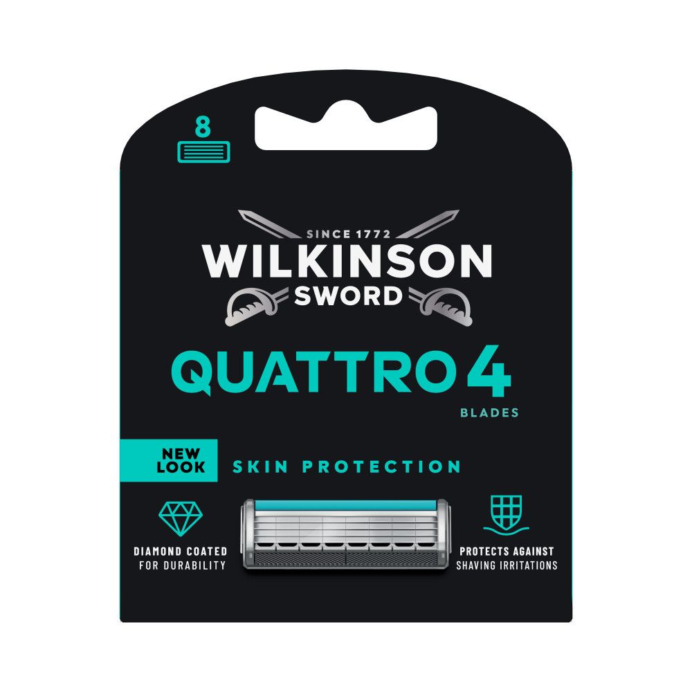 Verpackung für 8 Wilkinson Sword Quattro 4 Rasierklingen mit Hautschutz-Symbolen.