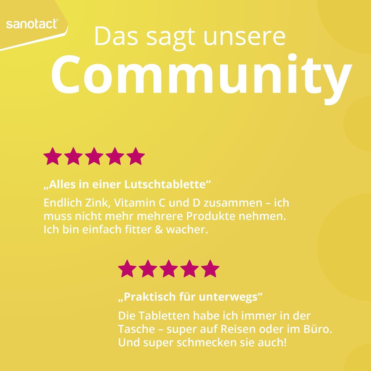 Gelber Hintergrund. Text: Das sagt unsere Community. Zitate über die Lutschtabletten und die praktische Anwendung.