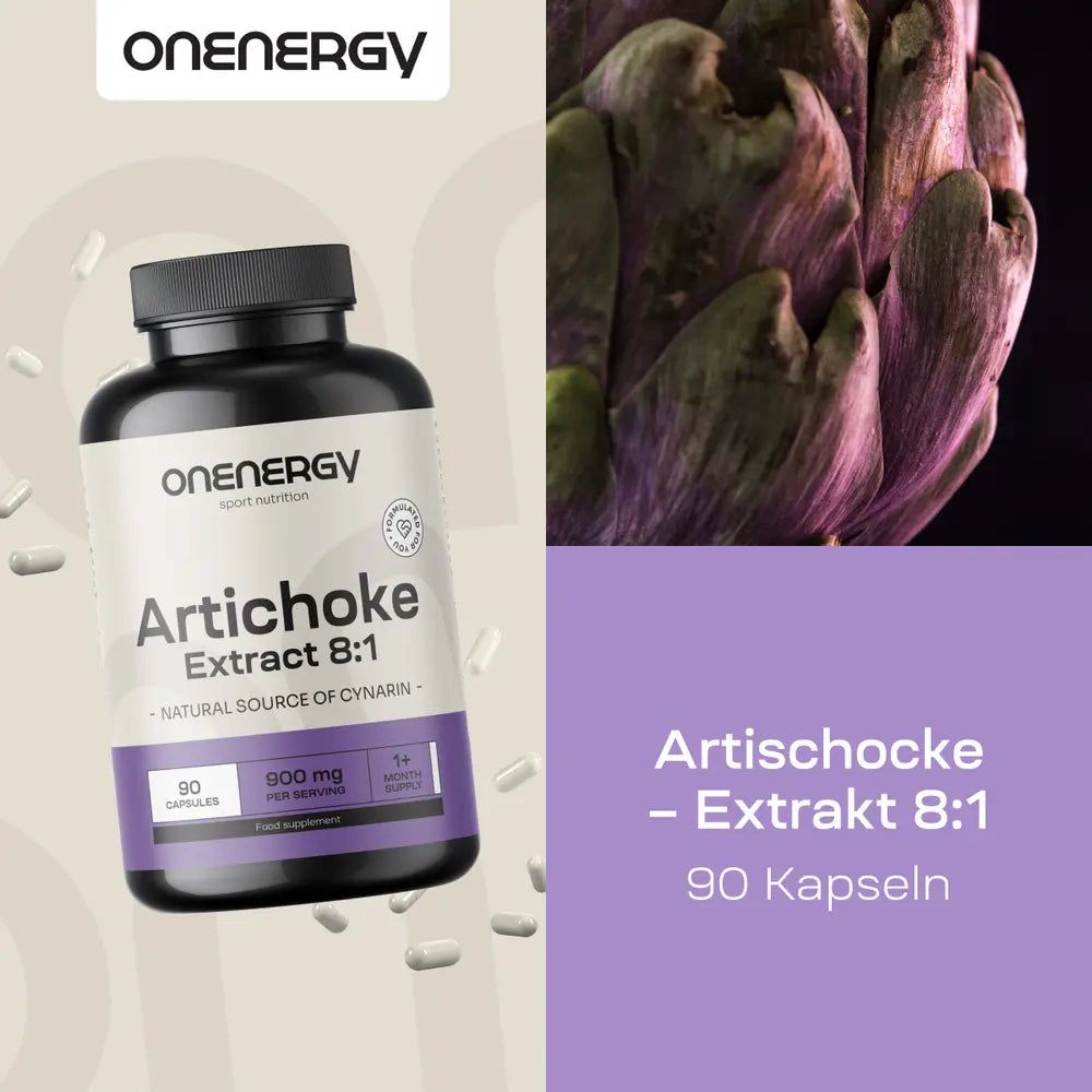 Flasche OnEnergy Artischocke Extrakt 8:1 neben einer Artischocke. 90 Kapseln.