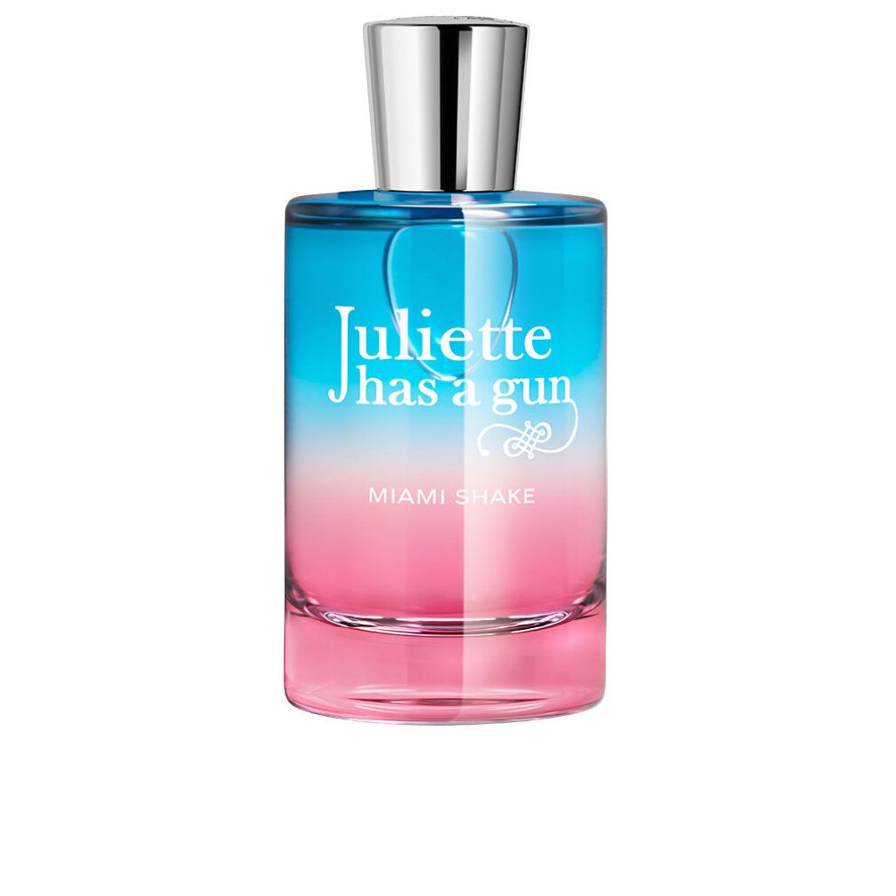 Flasche mit Farbverlauf von Pink zu Blau. Silberner Verschluss. Schriftzug: Juliette has a gun Miami Shake.