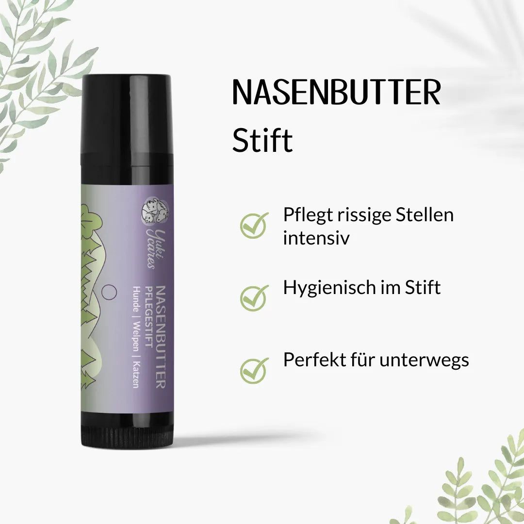 Pflegestift Nasenbutter, lila Etikett mit Logo und Text. Grüne Häkchen und Text.