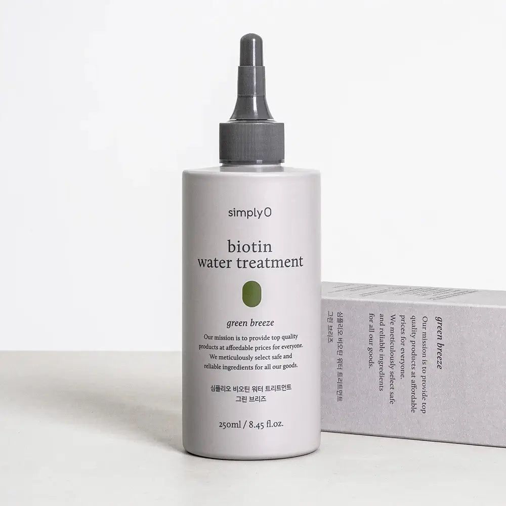 Graue Flasche mit schwarzem Applikator. Aufschrift: Biotin Water Treatment, Green Breeze. Daneben eine graue Schachtel mit Text.