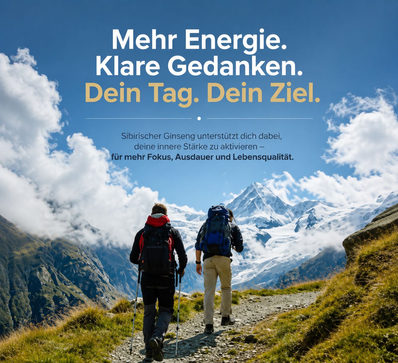 Wanderer auf einem Bergpfad mit schneebedeckten Gipfeln, für Energie und Fokus.