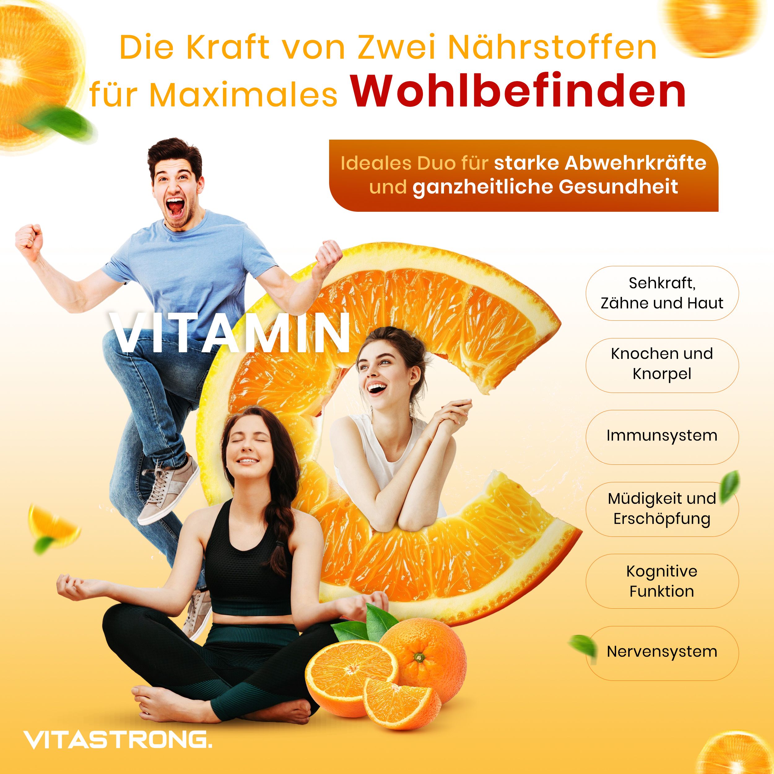Vitastrong Vitamin C + Zink, Menschen, Orangen. Text über die Vorteile für die Gesundheit.