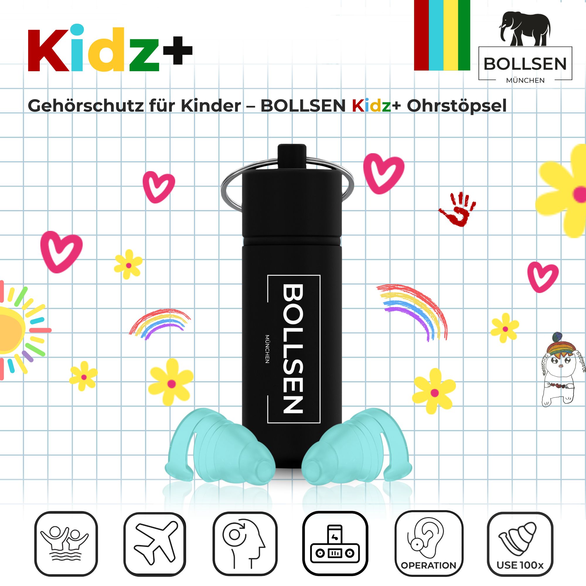 BOLLSEN Kidz+ Ohrstöpsel mit schwarzem Etui vor buntem Hintergrund. Icons zeigen Anwendungsbereiche.
