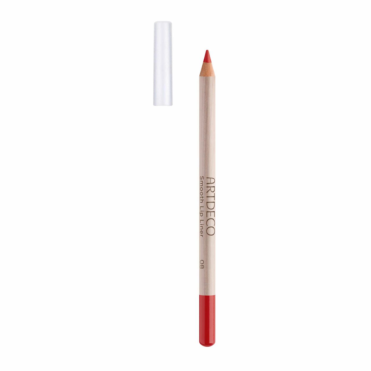 Artdeco Smooth Lip Liner, rot. Holzstift mit roter Spitze und transparenter Kappe. Produktname sichtbar.