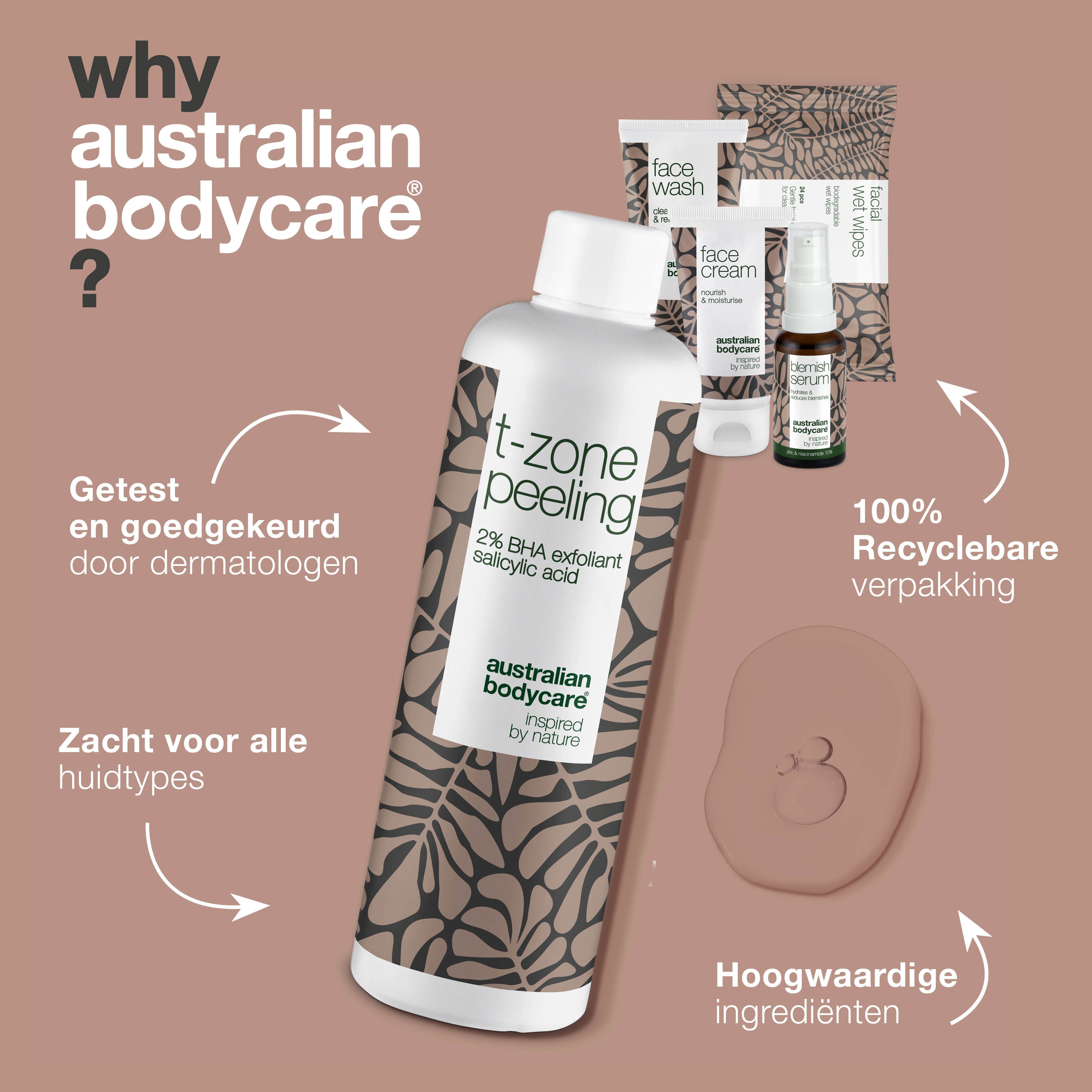 Peelingfles, producten en tekst. Tekst: Waarom Australian Bodycare?