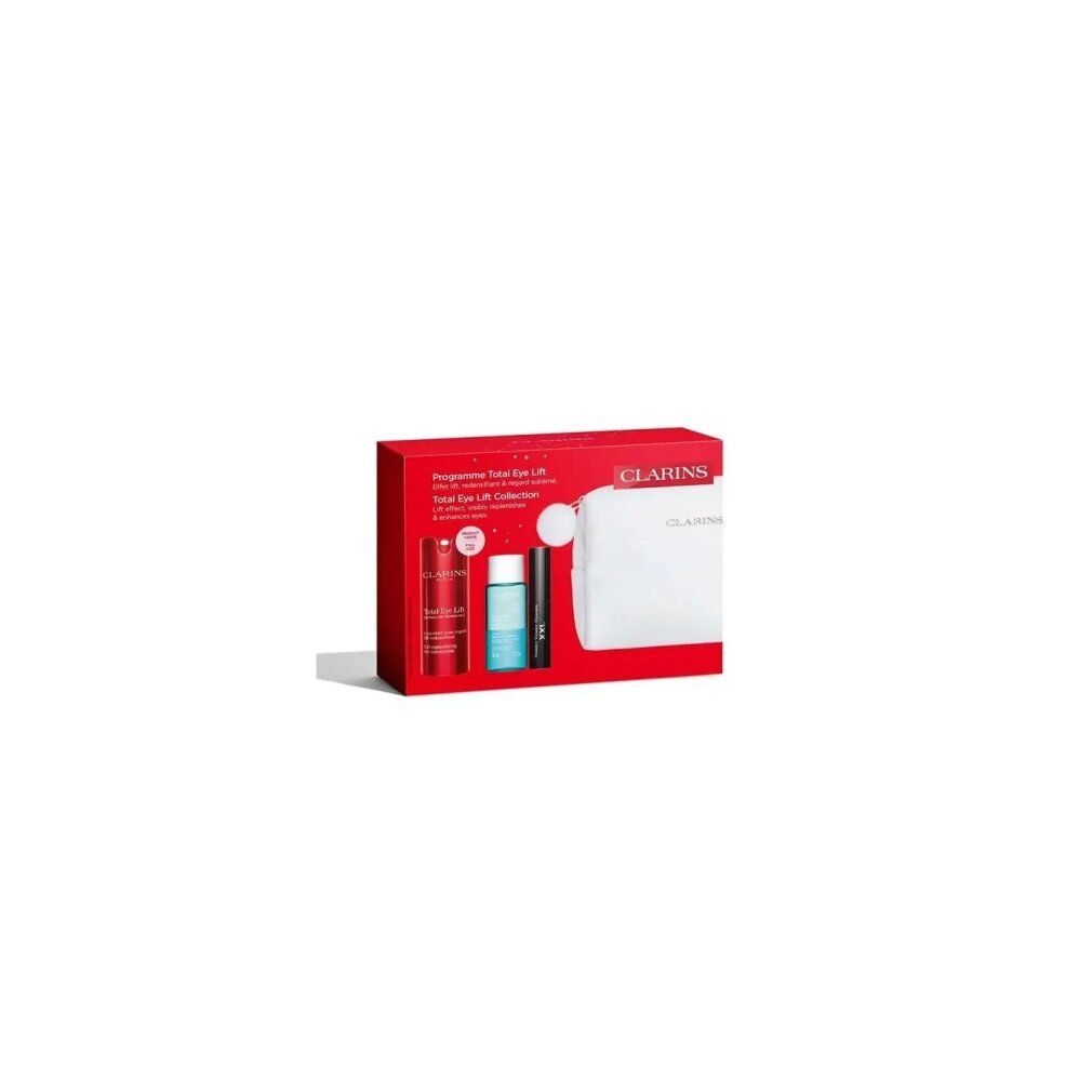 Rote Geschenkbox mit Produkten und weißer Kosmetiktasche. Clarins-Logo sichtbar. Produkte teilweise sichtbar.