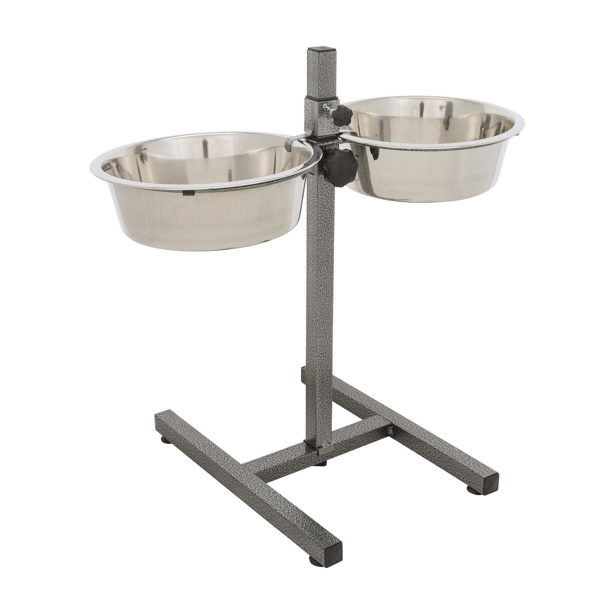 Erhöhtes Futterset für Hunde. Zwei Edelstahlnäpfe auf einem höhenverstellbaren Gestell. Graues Metallgestell mit quadratischen Füßen.