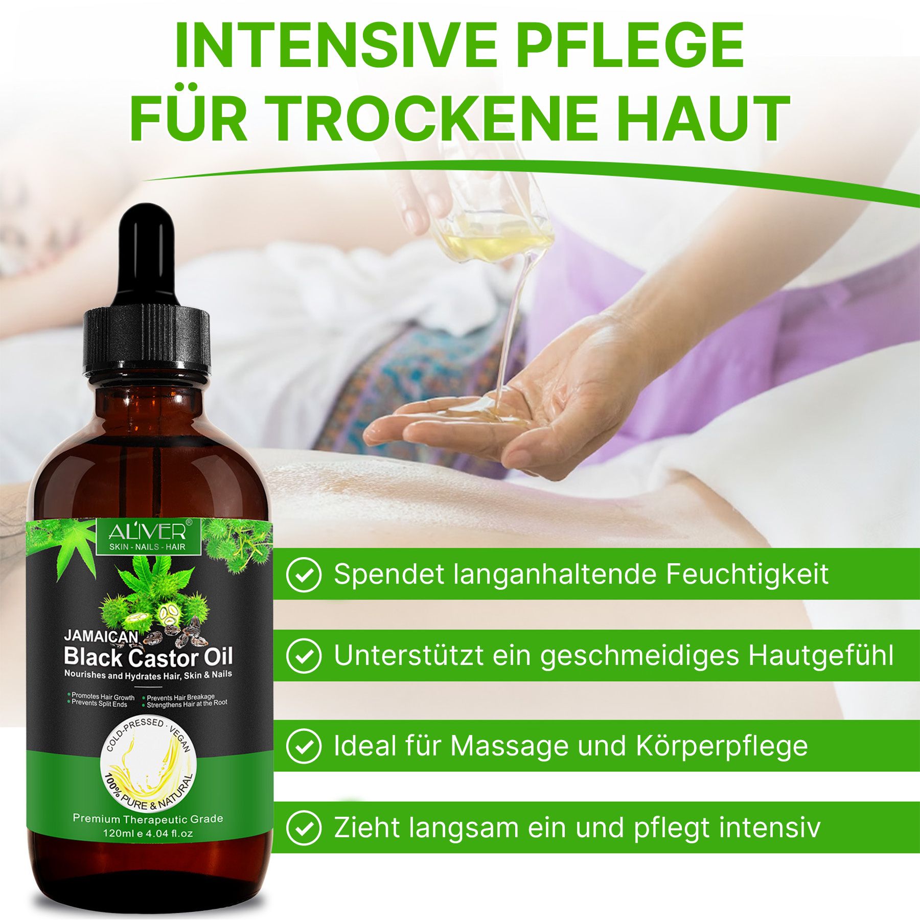 Flasche jamaikanisches schwarzes Rizinusöl für intensive Hautpflege.