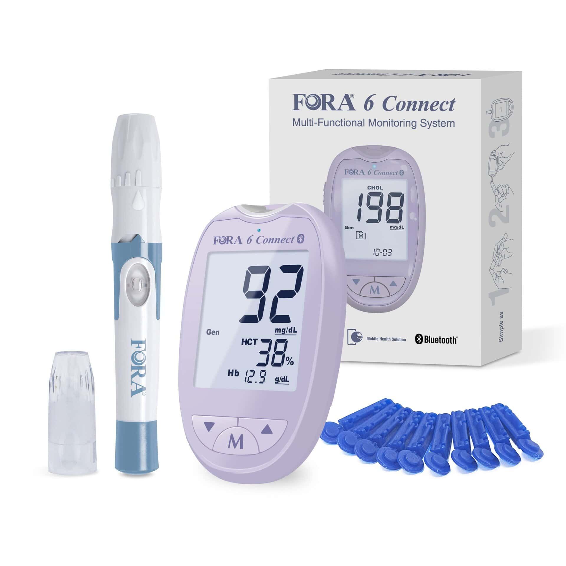 Lila Blutzuckermessgerät, Stechhilfe, Lanzetten und Verpackung des FORA 6 Connect Systems.