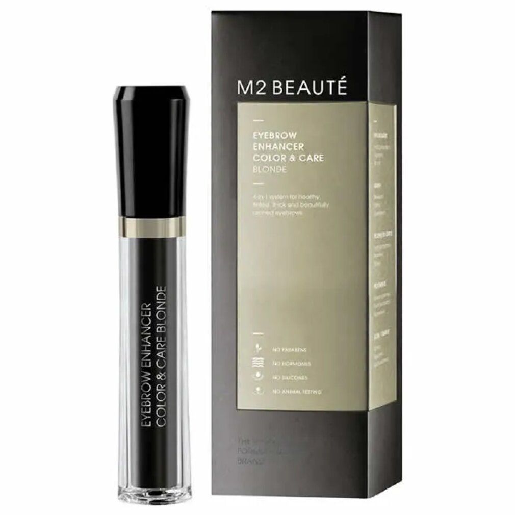M2 Beauté Eyebrow Enhancer Color & Care, blonde. Schwarze Verpackung und Flakon. Schwarzer Deckel, transparente Hülse, blonde Farbe.