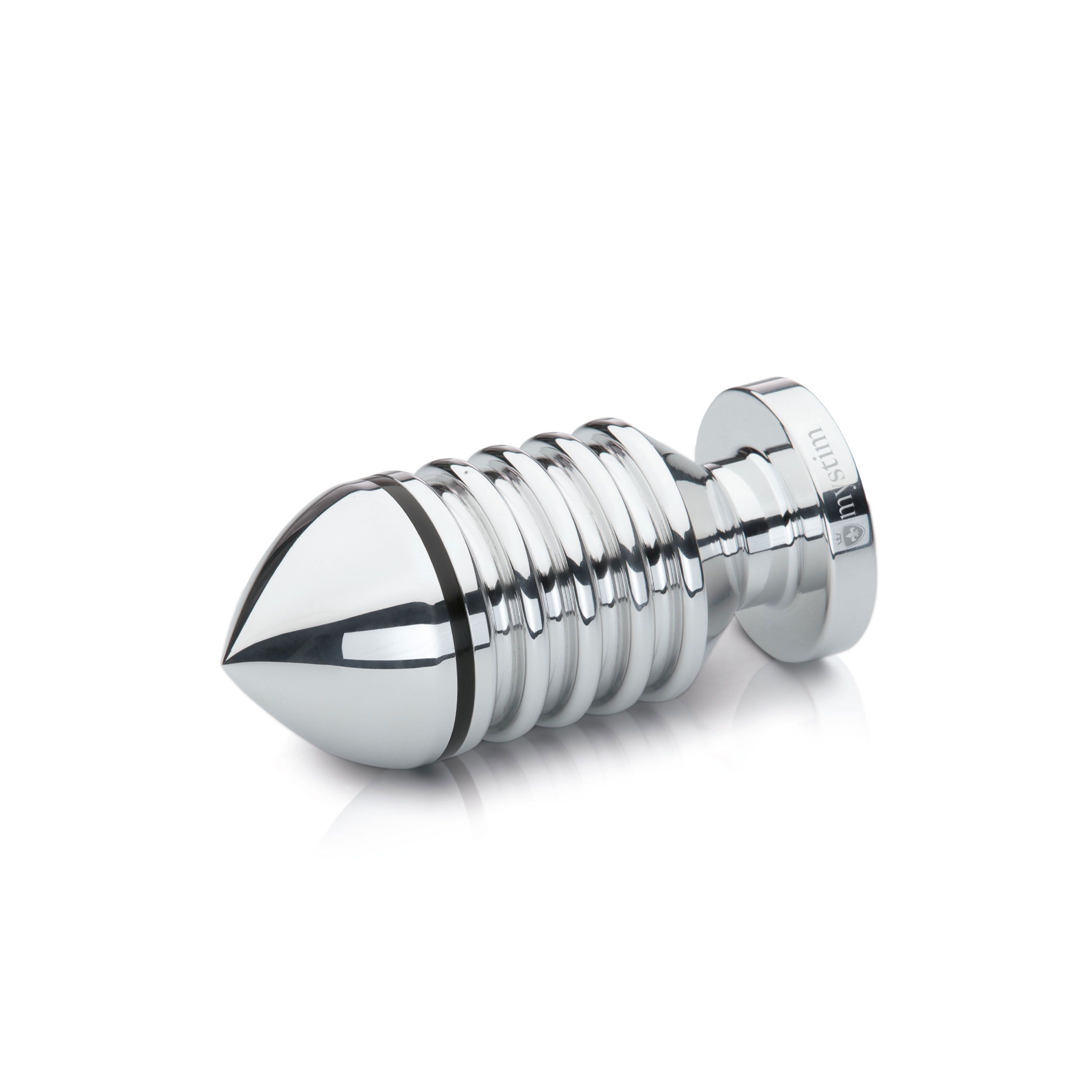 Metallfarbener, konisch zulaufender Analplug mit geriffelter Oberfläche. Basis mit Logo.