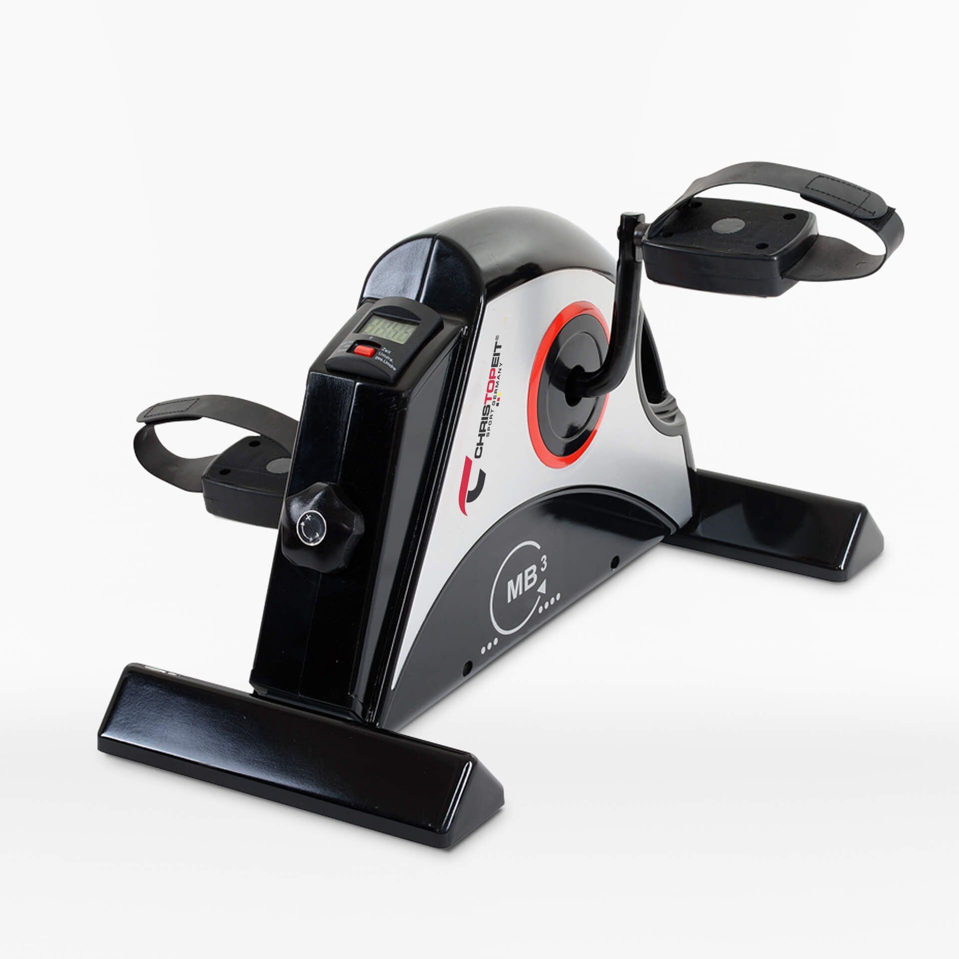 Kompakter Heimtrainer MB 3 mit Display und Pedalen mit Riemen.