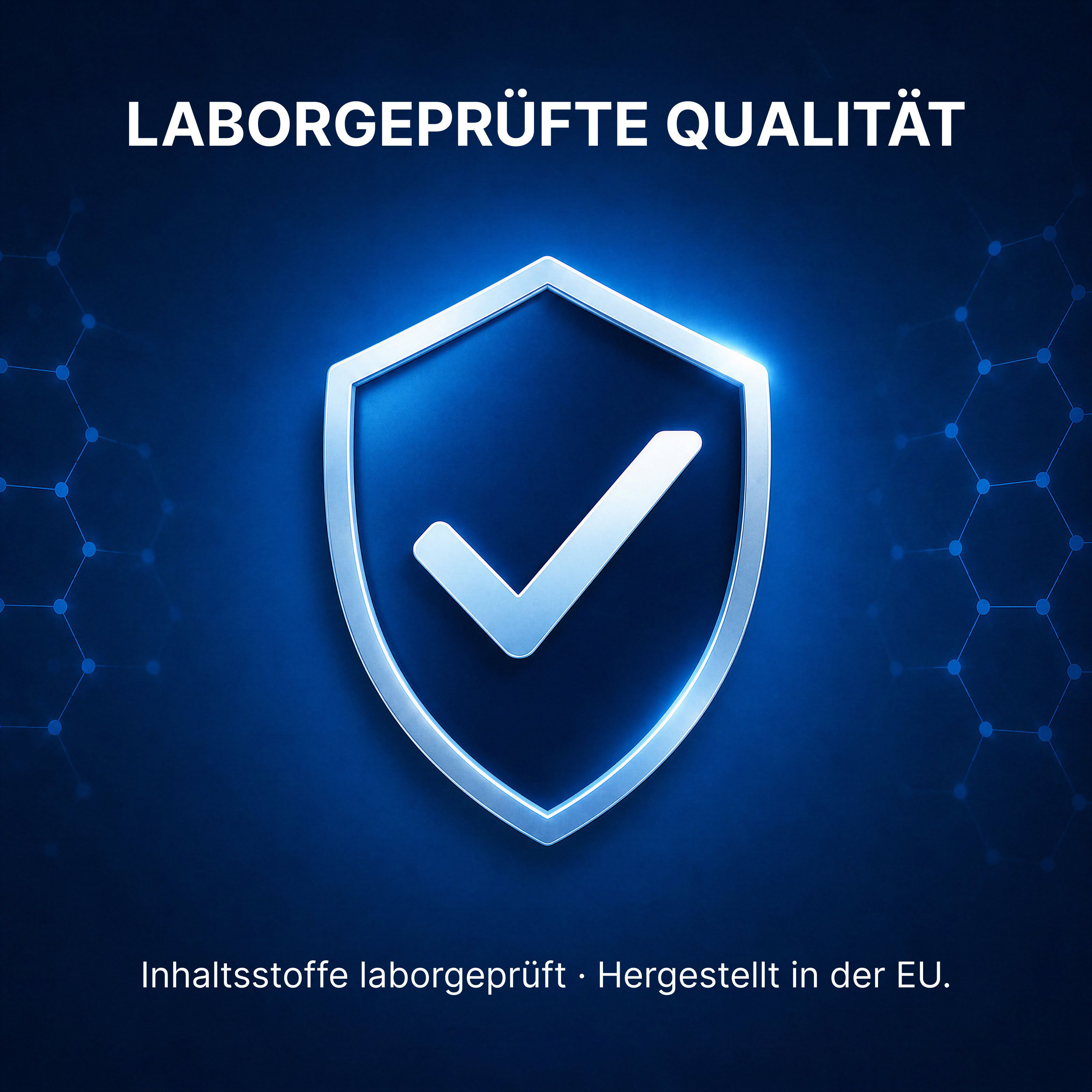 Schild-Symbol mit Häkchen, "Laborgeprüfte Qualität" und "Inhaltsstoffe laborgeprüft" in weißer Schrift auf blauem Hintergrund.