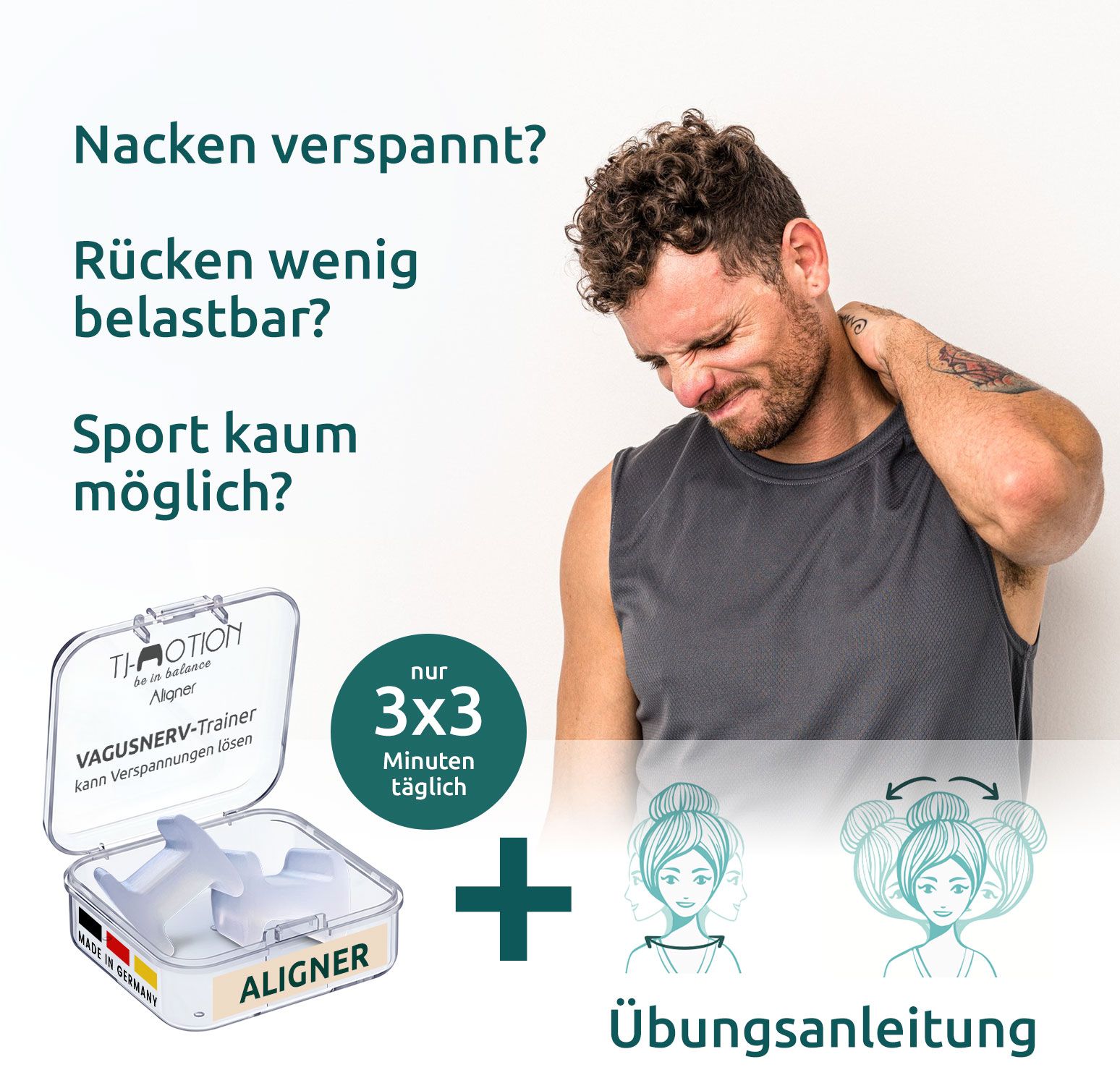 TJ-Motion Aligner in Box. Mann mit Nackenschmerzen. Übungsanleitung und Text. Produktname und Logo sichtbar.