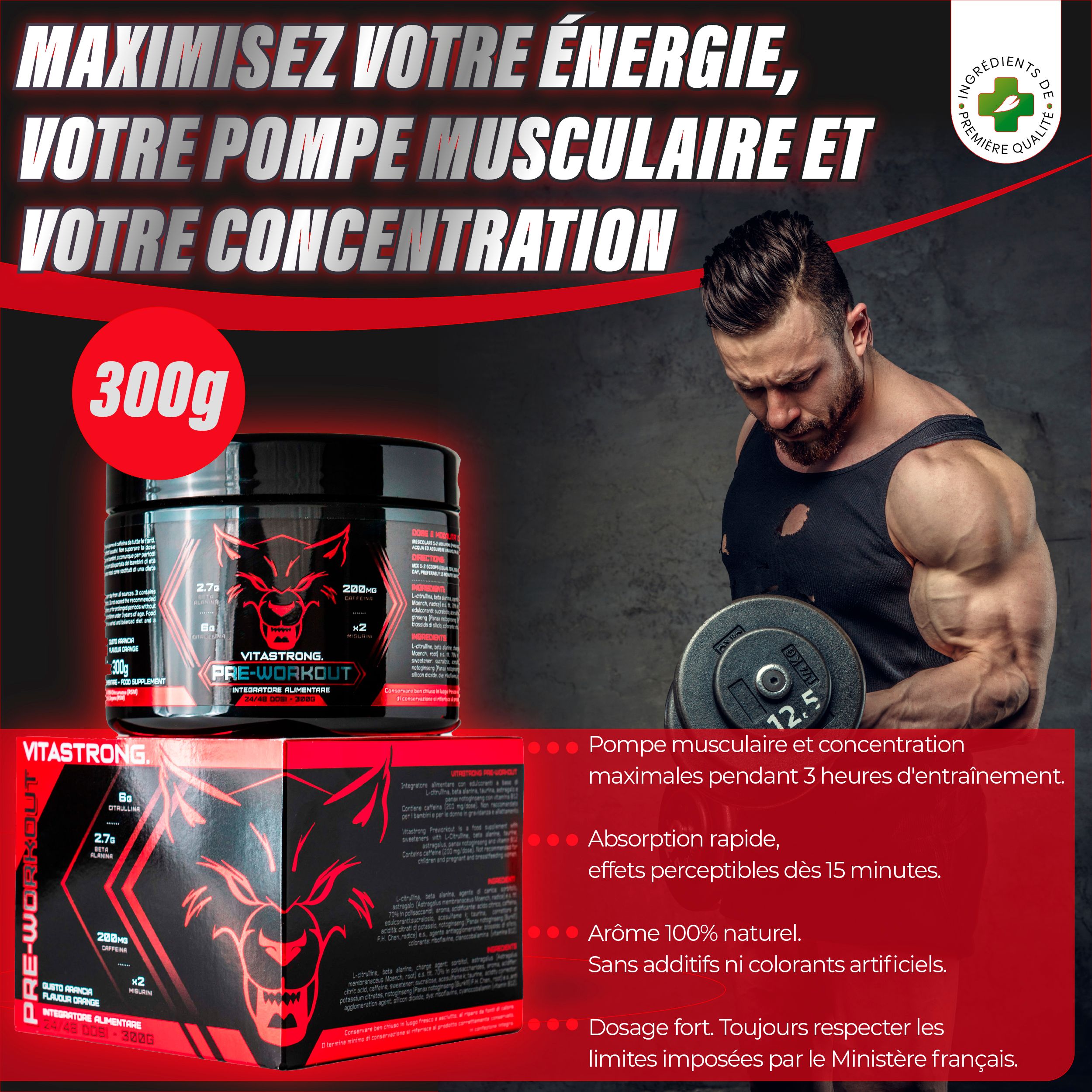 Pot et boîte Vitastrong Pre-Workout. Homme avec haltères. Texte : Maximisez votre énergie, votre pompe musculaire et votre concentration. 300g.