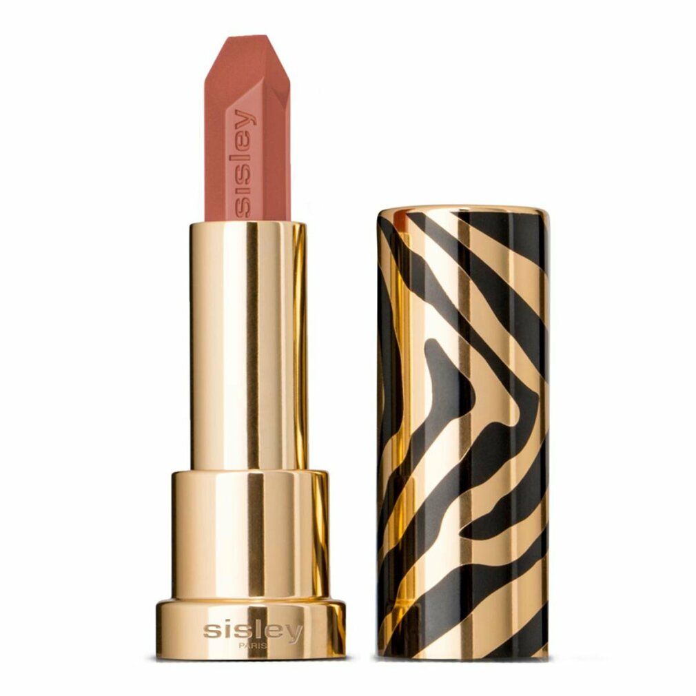 Sisley Le Phyto Rouge Lippenstift, goldfarbenes Gehäuse, Zebra-Muster, Lippenstift sichtbar. Marke Sisley.