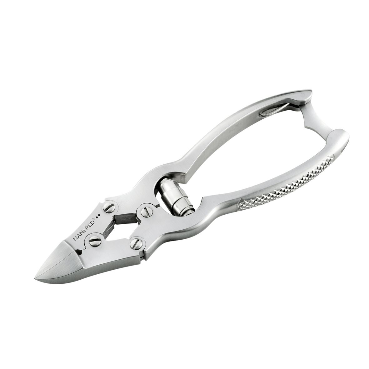 Nagelzange mit Doppelgetriebe. Metall, silberfarben. MANePED-Logo. Schrägansicht.