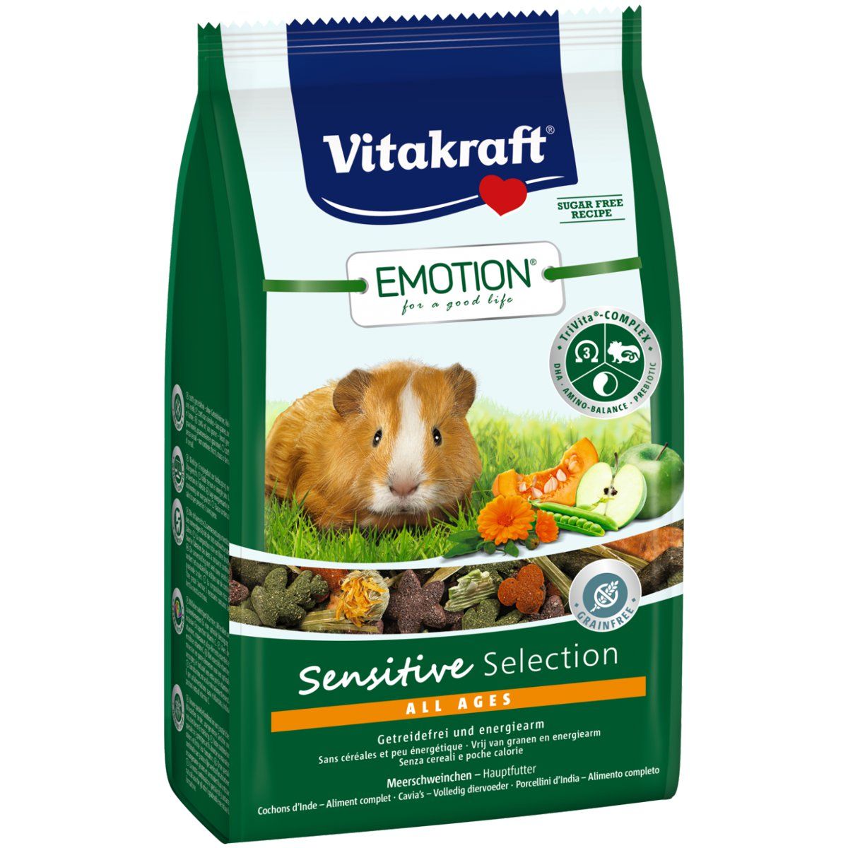 Vitakraft Emotion Sensitive Selection. Futter für Meerschweinchen. Verpackung mit Produktabbildung und Text. Enthält Getreidefreies Futter.