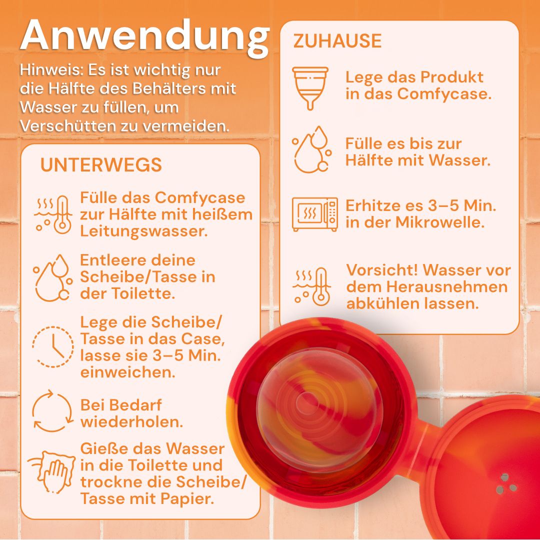 Anleitung zur Reinigung von Menstruationsprodukten in einem Behälter. Mikrowellen-Sterilisation wird gezeigt.