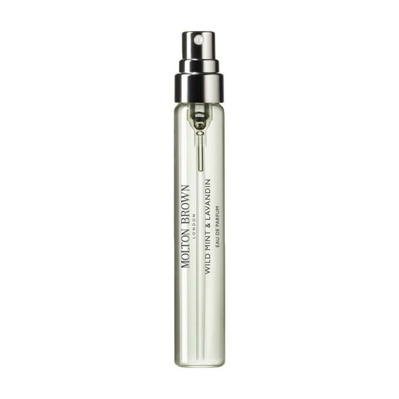 Klarer Glaszerstäuber mit silberfarbenem Sprühkopf. Beschriftung: Molton Brown London, Wild Mint & Lavandin Eau de Parfum.