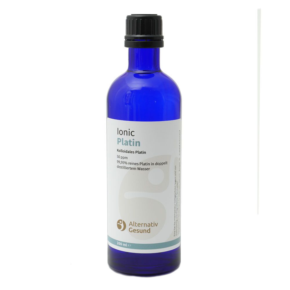 Blaue Glasflasche mit schwarzem Deckel. Etikett mit "ionic Platin" und "Alternativ Gesund" Logo. 250 ml.