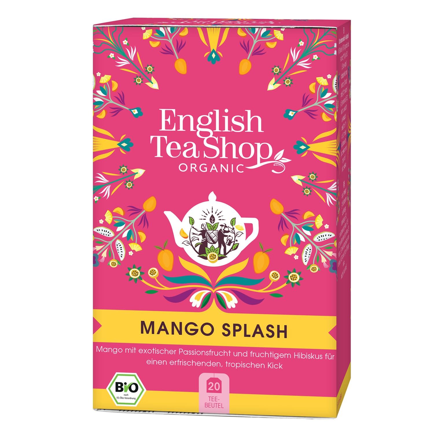 Rosa Verpackung mit Logo und Schriftzug "English Tea Shop ORGANIC". Aufschrift "Mango Splash". Bio-Siegel. 20 Teebeutel.