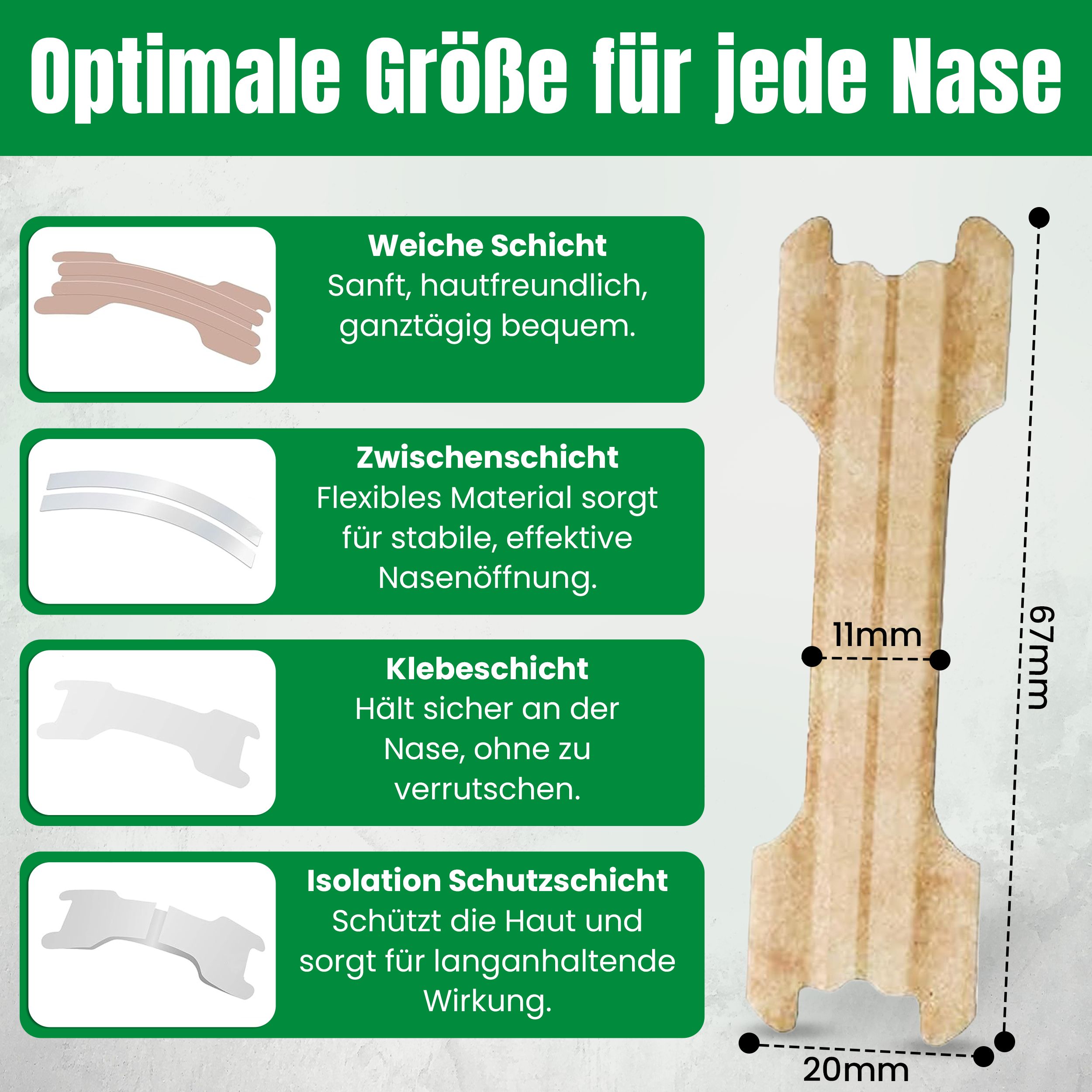 Aufbau eines Nasenstrips. Weiche, flexible, Klebe- und Isolationsschicht. Maße: 67mm x 20mm x 11mm. Produkt-Zertifizierung.