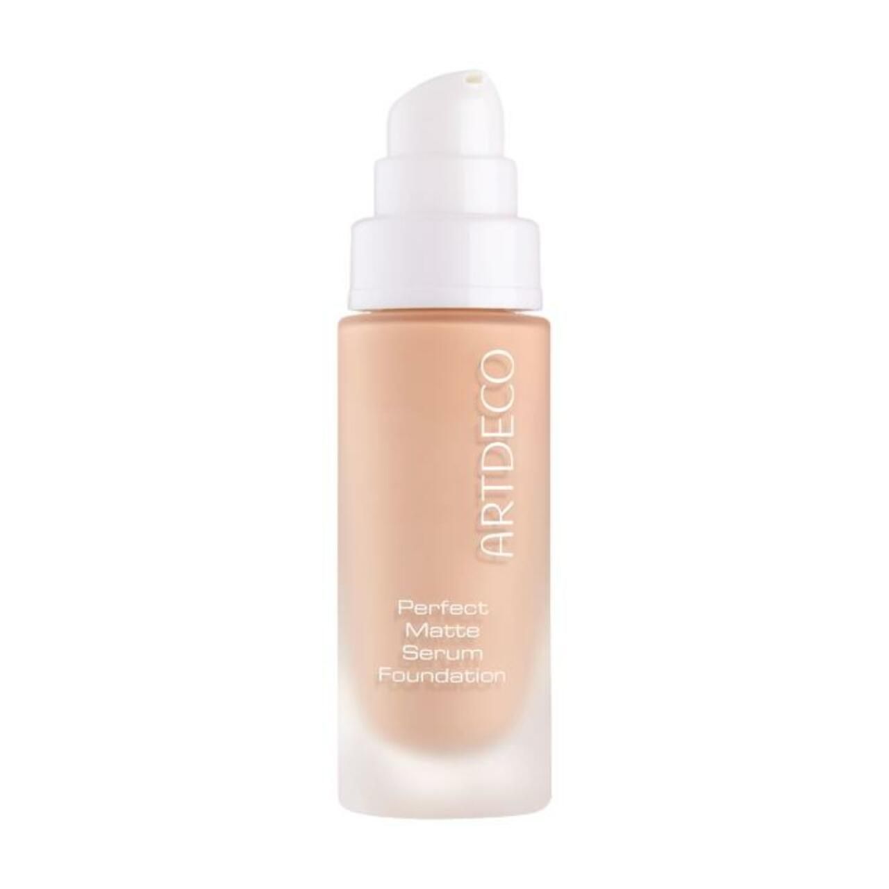 Beige Foundation-Fläschchen mit weißem Pumpkopf. Aufschrift: ARTDECO, Perfect Matte Serum Foundation.